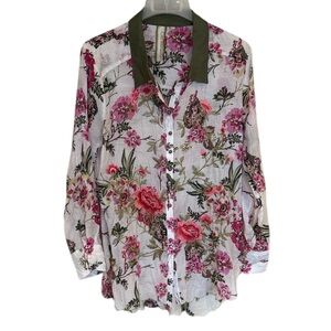 Aratta Floral Embroidered Boho Button-Down Blouse Medium NWOT